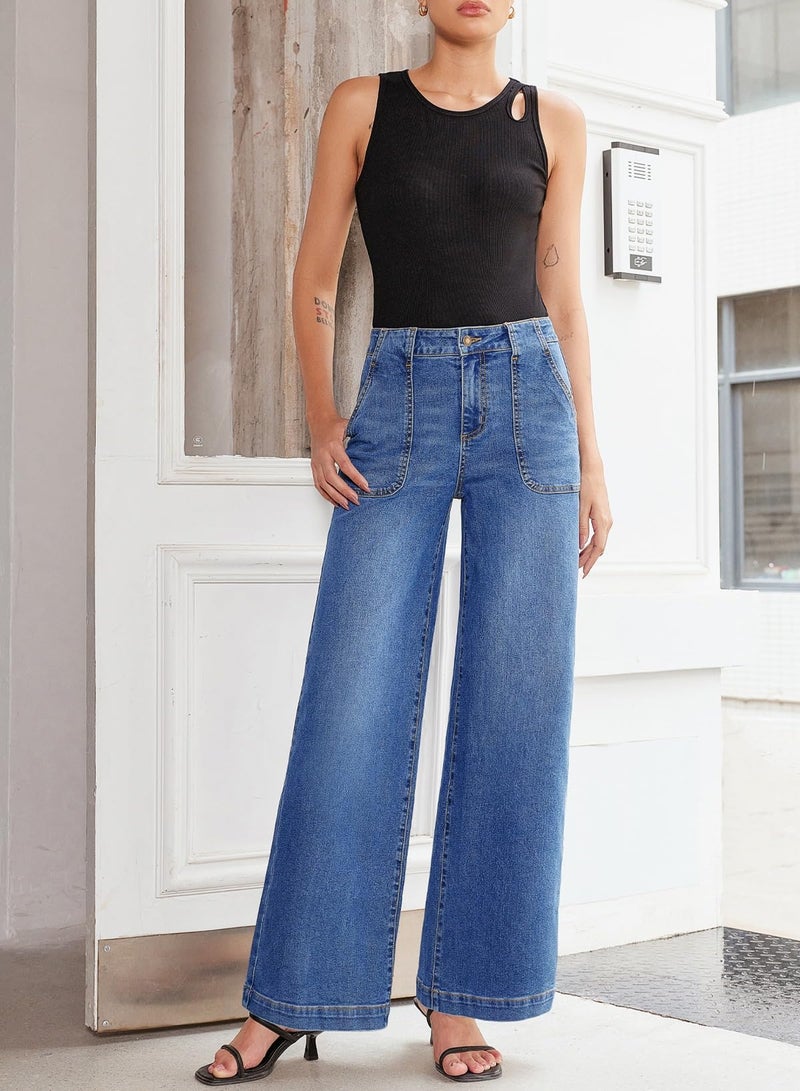 Sidefeel Womens Wide Leg Jeans High Waisted Stretchy Straight Leg Baggy Denim Pants with Pockets Light Blue Size 10 - Image 4