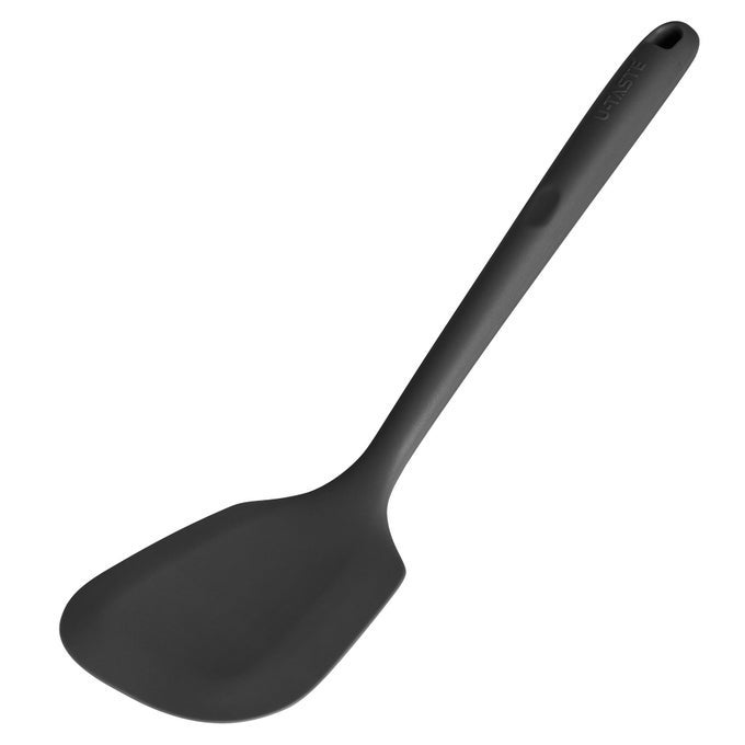 600F HEAT RESISTANT SILICONE TURNER 136IN SOLID KITCHEN SPATULA FLIPPER FOOD GRADE FLEXIBLE THIN RUBBER SEAMLESS COOKING UTENSIL FOR FLIPPING EGG PANCAKE IN NONSTICK COOKWARE BLACK