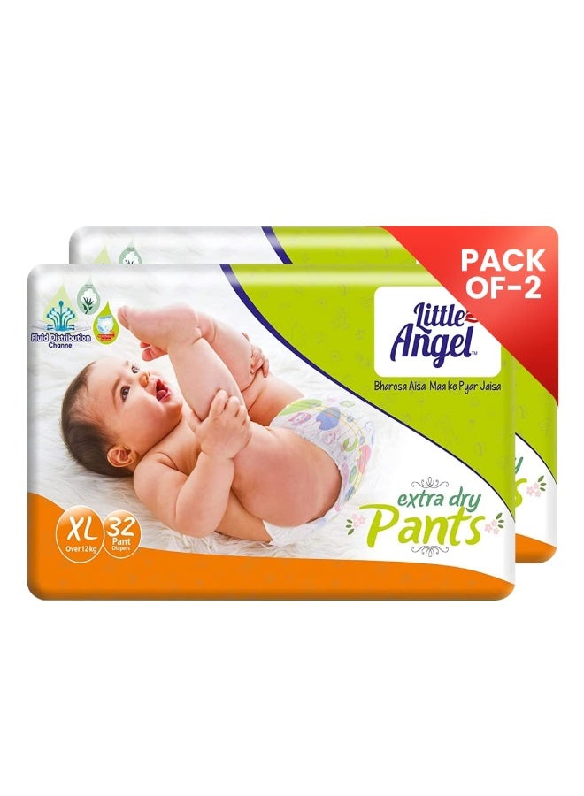 Little Angel Extra Dry Baby Pants Diaper, Extra Large (XL) Size, 64 Count, Super Absorbent Core Up to 12 Hrs Protection & Wetness Indicator, Over 12kg (32 Count, Pack of 2)