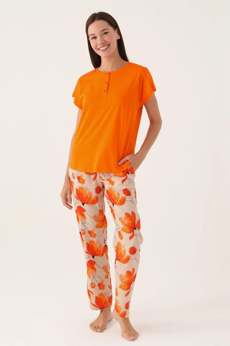 بيير كاردان Women's Orange Pajama Set, Short Sleeve, Button-down Collar, Bottom Pajamas with Pocket, 100% Cotton