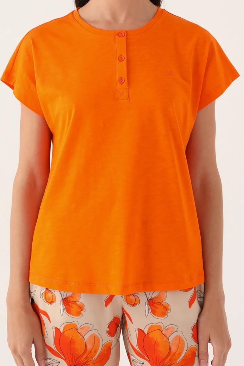 بيير كاردان Women's Orange Pajama Set, Short Sleeve, Button-down Collar, Bottom Pajamas with Pocket, 100% Cotton