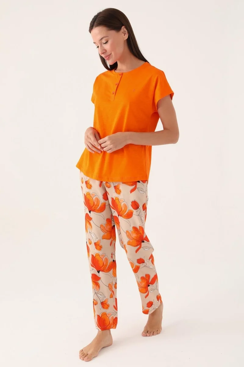 بيير كاردان Women's Orange Pajama Set, Short Sleeve, Button-down Collar, Bottom Pajamas with Pocket, 100% Cotton