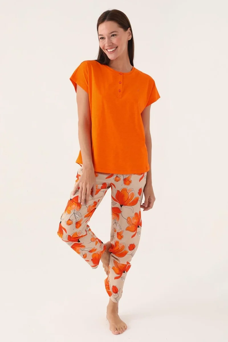 بيير كاردان Women's Orange Pajama Set, Short Sleeve, Button-down Collar, Bottom Pajamas with Pocket, 100% Cotton