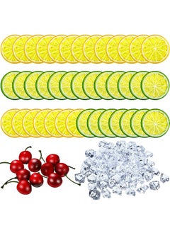 Mtlee 130 Pieces Fake Lemon Slice Ice Cubes Set, Include 20 Simulation Lemon Slice Fake Lemon Slices Fake Fruit, 100 Acrylic Fake Ice Cube, 10 Artificial Simulation Cherries for Wedding Kitchen Decoration  - Image 1