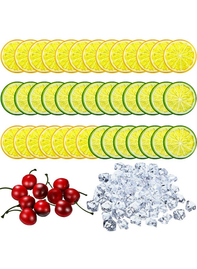 Mtlee 130 Pieces Fake Lemon Slice Ice Cubes Set, Include 20 Simulation Lemon Slice Fake Lemon Slices Fake Fruit, 100 Acrylic Fake Ice Cube, 10 Artificial Simulation Cherries for Wedding Kitchen Decoration - Image 1