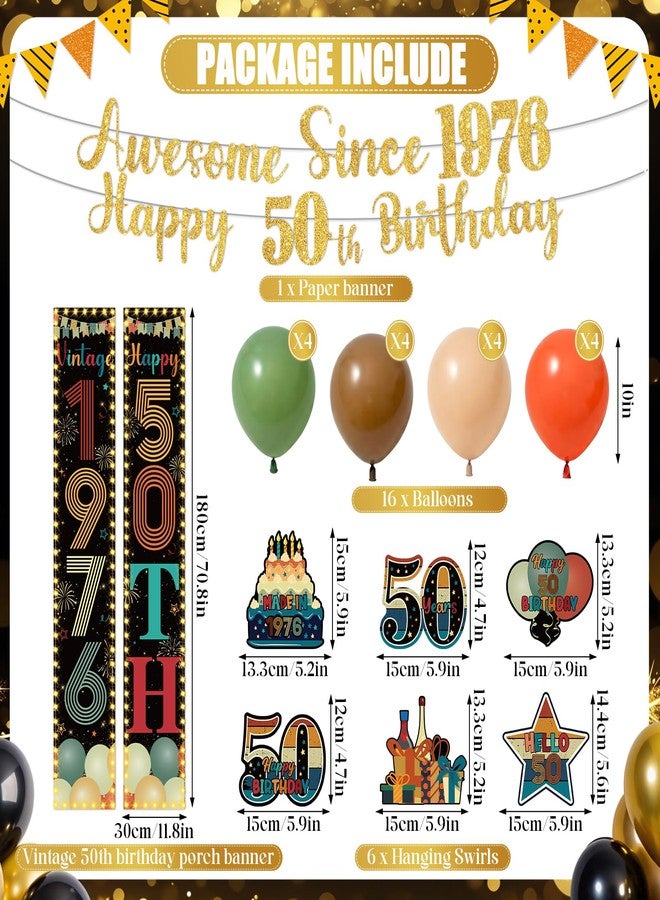 Woosytoo Vintage 50th Birthday Decorations 50 Years Old Birthday Door Porch Banner Balloons Hanging Swirls Awsome Since 1976 Glitter Gold Banner for Men Women 50th Bday Party Supplies - Image 2