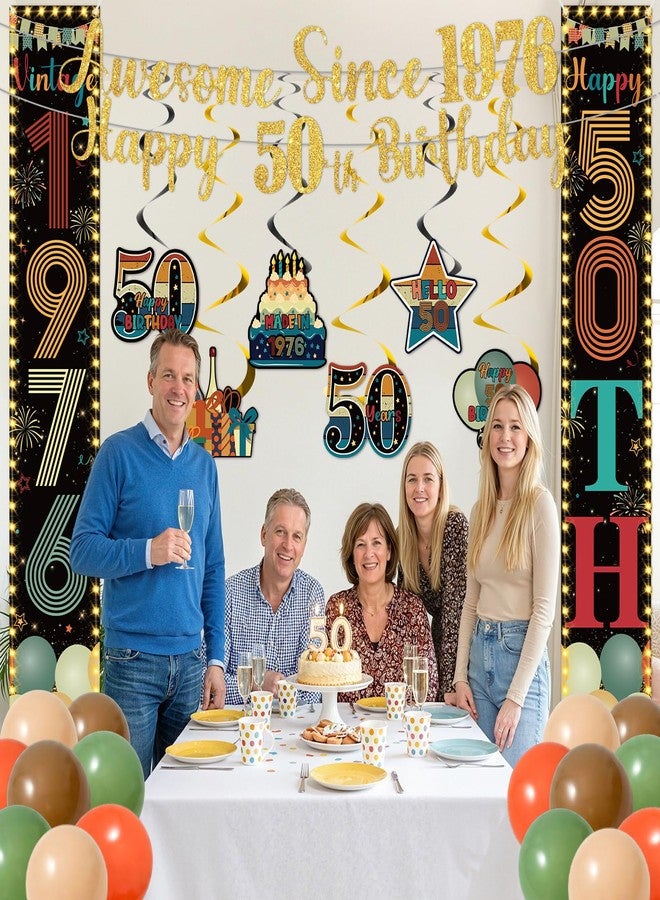 Woosytoo Vintage 50th Birthday Decorations 50 Years Old Birthday Door Porch Banner Balloons Hanging Swirls Awsome Since 1976 Glitter Gold Banner for Men Women 50th Bday Party Supplies - Image 3