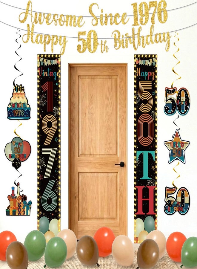 Woosytoo Vintage 50th Birthday Decorations 50 Years Old Birthday Door Porch Banner Balloons Hanging Swirls Awsome Since 1976 Glitter Gold Banner for Men Women 50th Bday Party Supplies - Image 1