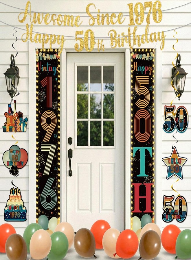 Woosytoo Vintage 50th Birthday Decorations 50 Years Old Birthday Door Porch Banner Balloons Hanging Swirls Awsome Since 1976 Glitter Gold Banner for Men Women 50th Bday Party Supplies - Image 4