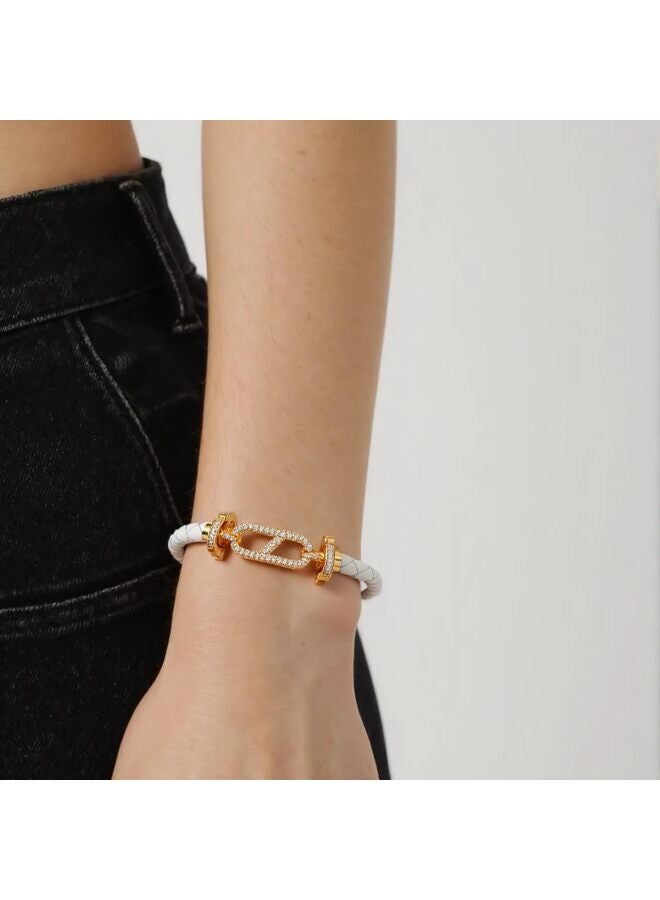 LAMAY Unisex Genuine Leather Braided 17cm White Gold Bracelet with Cubic Zirconia - Image 5