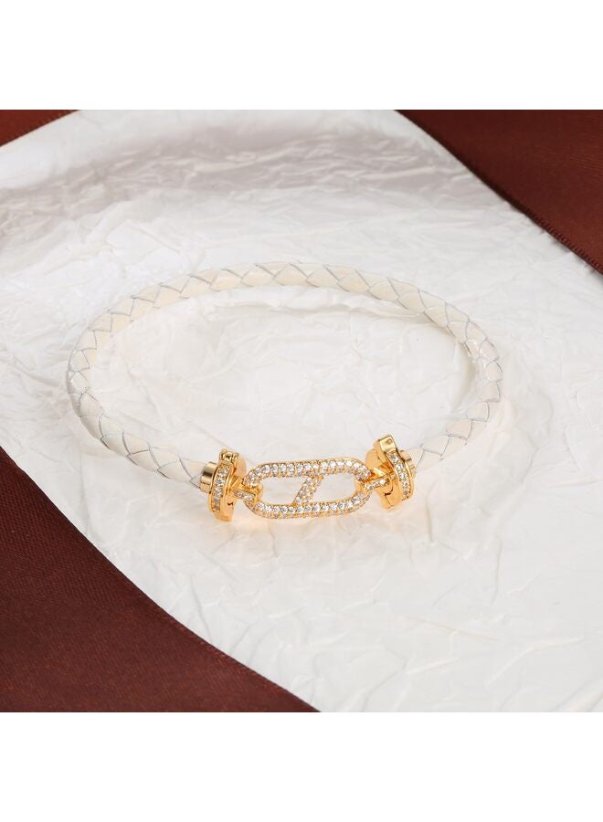 LAMAY Unisex Genuine Leather Braided 17cm White Gold Bracelet with Cubic Zirconia - Image 2