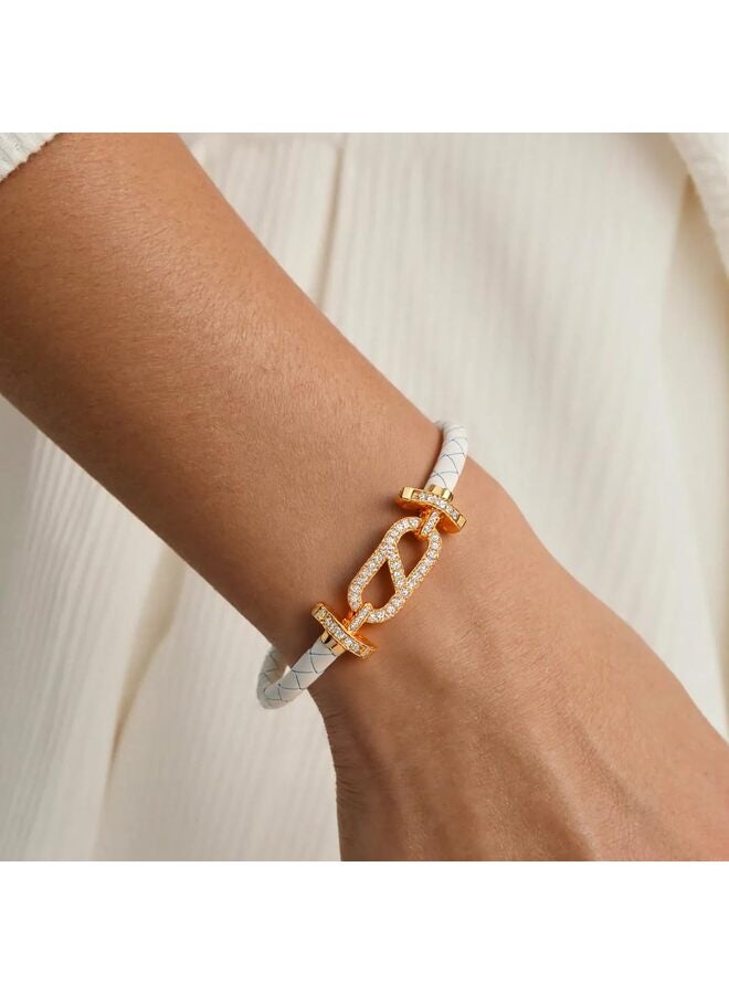 LAMAY Unisex Genuine Leather Braided 17cm White Gold Bracelet with Cubic Zirconia - Image 4