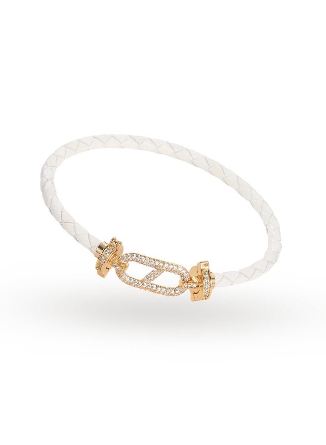 LAMAY Unisex Genuine Leather Braided 17cm White Gold Bracelet with Cubic Zirconia - Image 1