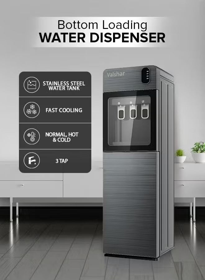 Valshar Bottom Loading Water Dispenser| Normal, Hot and Cold Function, Compressor Cooling, And 3 Taps| Cold Temperature: 4-12 Degrees Celsius; Hot Temperature: 85-95 Degrees Celsius| Perfect For Home And Office| Metallic  - Image 1