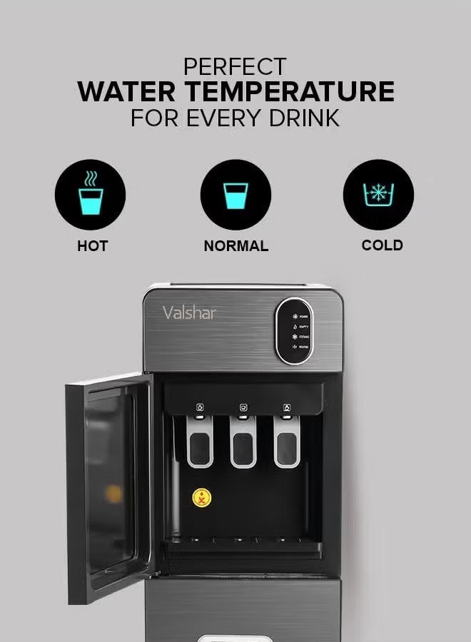 Valshar Bottom Loading Water Dispenser| Normal, Hot and Cold Function, Compressor Cooling, And 3 Taps| Cold Temperature: 4-12 Degrees Celsius; Hot Temperature: 85-95 Degrees Celsius| Perfect For Home And Office| Metallic  - Image 2