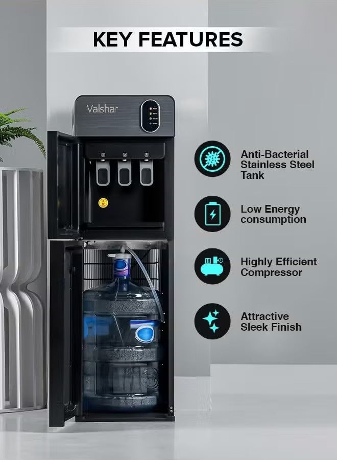 Valshar Bottom Loading Water Dispenser| Normal, Hot and Cold Function, Compressor Cooling, And 3 Taps| Cold Temperature: 4-12 Degrees Celsius; Hot Temperature: 85-95 Degrees Celsius| Perfect For Home And Office| Metallic  - Image 3