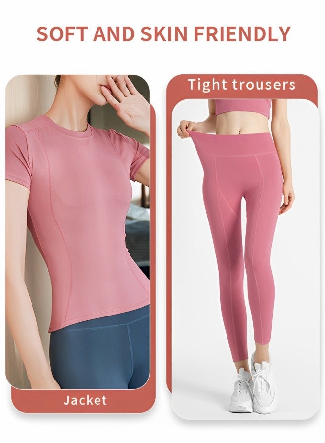 GROIC Women's 2 Piece Tracksuit Workout Outfits Workout Sets, High Waist Leggings and Short Sleeve Yoga Active-wear Matching Gym Clothing Set Pink Size M  - Image 3