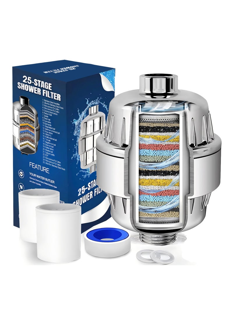 ZIMNEST Shower Filter, 25 Stage High Output Shower head Filter for Hard Water, Shower Water Filter with 2 Replaceable Filter Cartridges for Removing Chlorine Fluoride, Polished Chrome  - Image 1