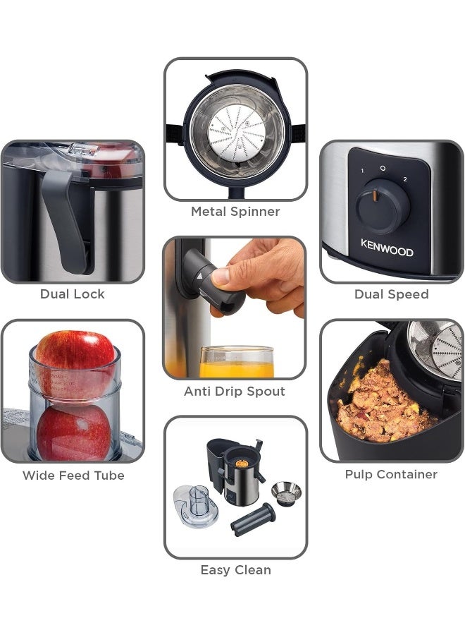 KENWOOD Juicer Stainless Steel Juice Extractor With 75mm Wide Feed Tube 2 Speed Anti Drip For Home Office Restaurant And Cafeteria 700 W JEM50.000BS Silver - Image 4
