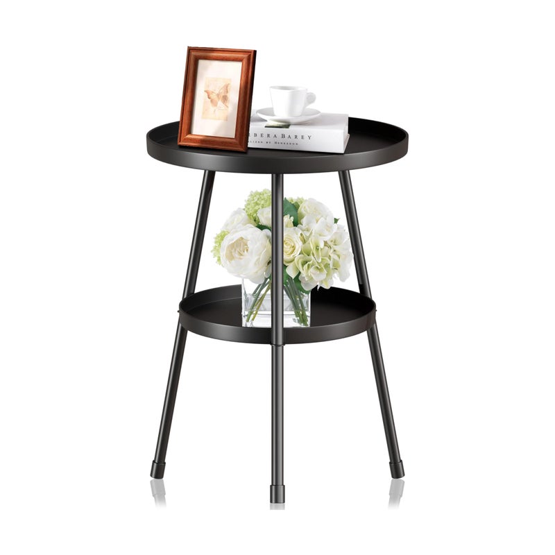 SYQ Small Side Table Round 2 Tier End Table Metal Round Coffee Tables Nightstand for Small Spaces Indoor Outdoor and Living Room Bedroom or Office