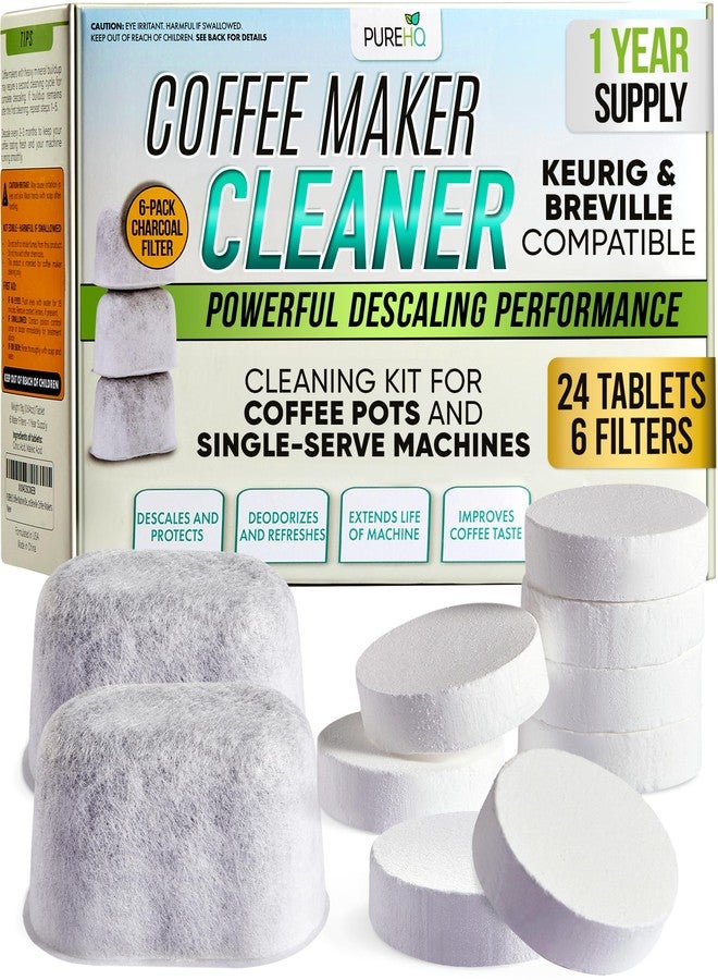 PUREHQ Coffee Maker Cleaner Tablets – 24 Count, Descaling Tablets for Keurig and Breville Machines – Includes 6 Water Filter Cartridges – Deep Cleaning Descaler Tab for Espresso & Single-Serve Coffee Makers - Image 1