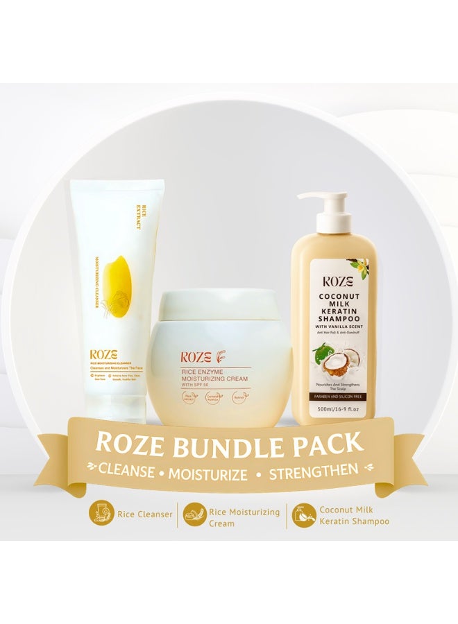 Roze Bundle Pack | Rice Cleanser | Rice Moisturizer | Coconut Milk Keratin Shampoo - Image 1