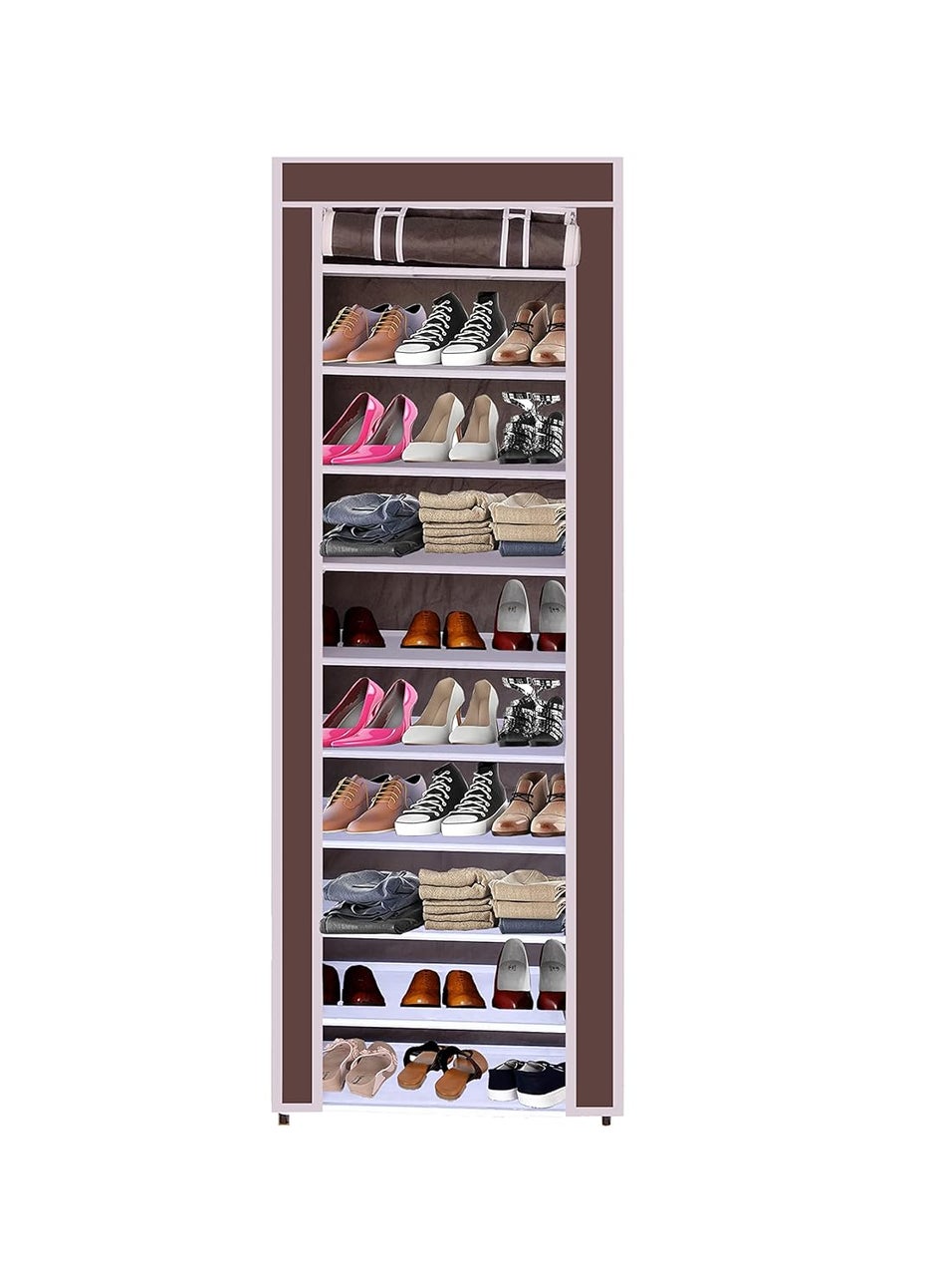 Whitecloud TRANSFORMING HOMES Whitecloud TRANSFORMING HOMES 10 Tiers Multipurpose Portable Shoe Cabinet Rack with Wardrobe Cover Lite Weight Foldable Shelves Storage Organizer for Home 10 Layer Brown Storage Unit  - Image 1