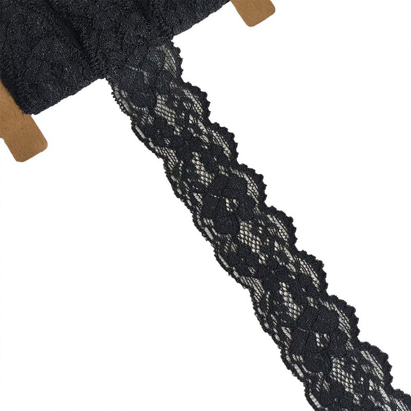 Lace Realm 15 inch Wide Black Stretch Floral Pattern Lace Ribbon Trim for Sewing Gift Package Wrapping Floral Designing Crafts10 Yards 3601 Black