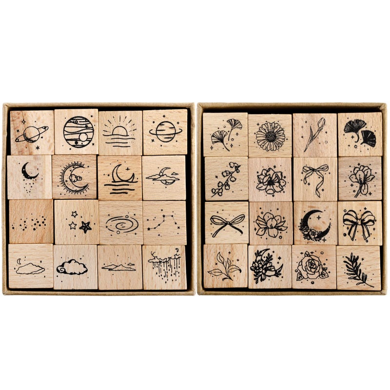 Hacaroa 32 Pieces Wooden Rubber Stamp Set Moon Star Botanical Decorative Wood Stamps for Journal Diary Scrapbook Planner Letter DIY Craft Card Making