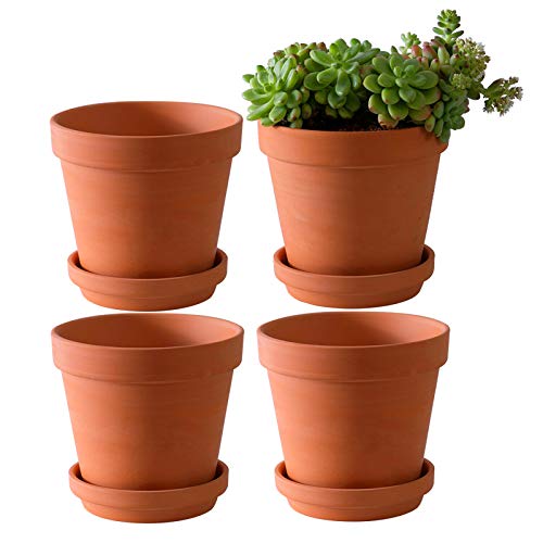 Yishang Large Terra Cotta Pots with Saucer- 4 Pack Large 6'' Terra Cotta Plant Pot with Drainage Hole, Flower Pot with Tray, Terracotta Pot for Indoor Outdoor Plant - Image 1