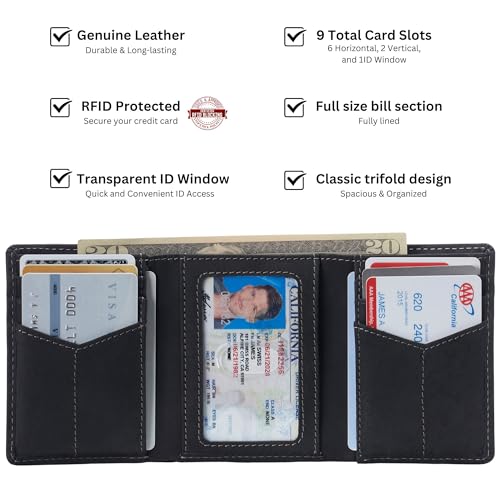 Alpine Swiss Men's Leon RFID Trifold Pocket Wallet – Genuine Leather Wallet for Men, Slim Design with ID Window & Multiple Card Slots, Classic RFID Safe Pocket Wallet in gift box Nubuck Black - Image 3