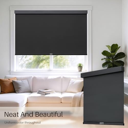 JaeJaes Cordless Blackout Roller Shades, Free-Stop Window Shades Pull Down, Room Darkening Thermal Insulated Fabric Roller Blinds for Indoor Windows Bedroom Office (Black, 23" W x 72" H) - Image 3
