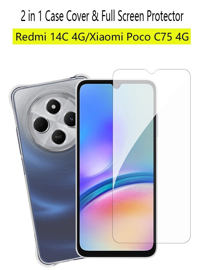 2 in 1 Redmi 14C 4G / Xiaomi POCO C75 4G Phone Case Cover  Screen Protector - Shockproof Clear Slim TPU Protective Phone Cover  Full Coverage Delicate Touch Tempered Glass Screen Protector for Redmi - Image 1