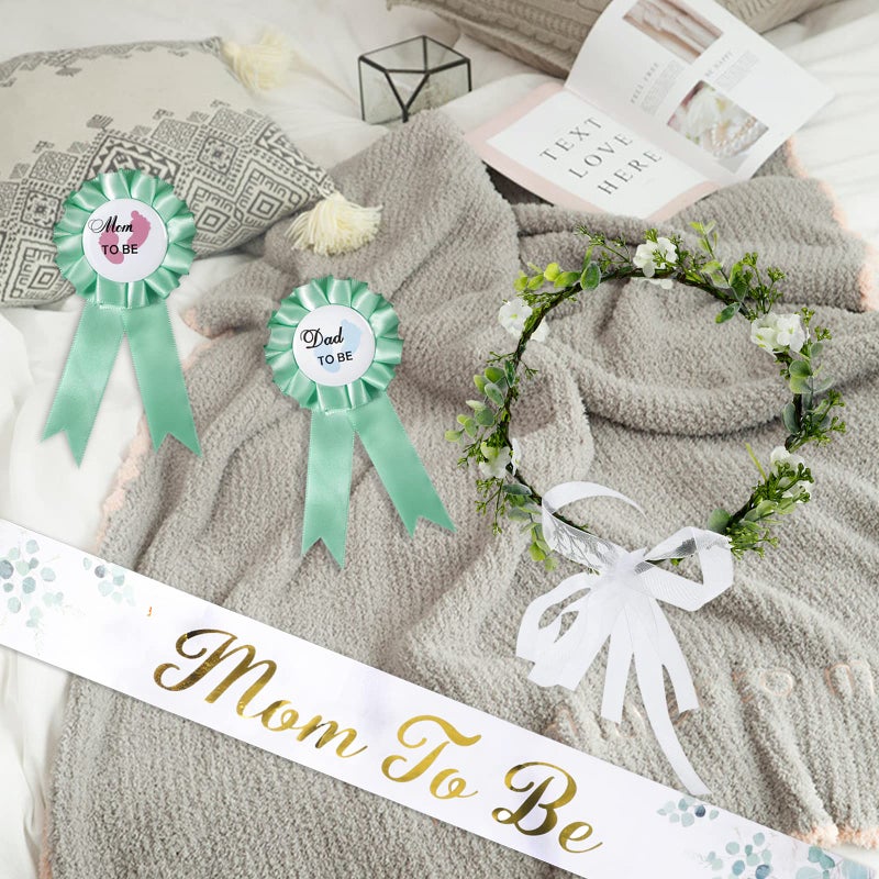 Bnapott 4PCS/Set Mom to Be Sash&Parents to Be Badges, Neutral Sage Green Flowers Crown Headband, Gold Glitter Letters Sash for Baby Shower Maternity Gift(Leaf Style), - Image 3