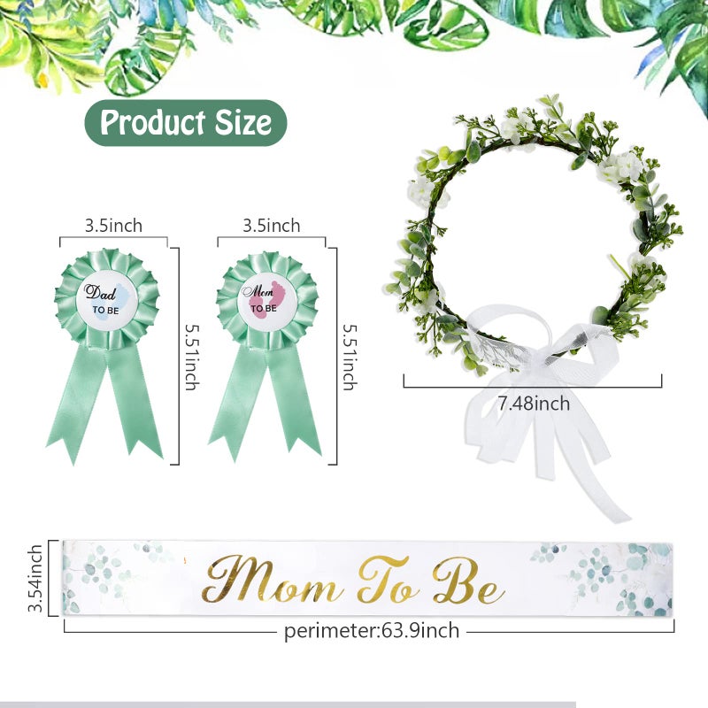 Bnapott 4PCS/Set Mom to Be Sash&Parents to Be Badges, Neutral Sage Green Flowers Crown Headband, Gold Glitter Letters Sash for Baby Shower Maternity Gift(Leaf Style), - Image 2