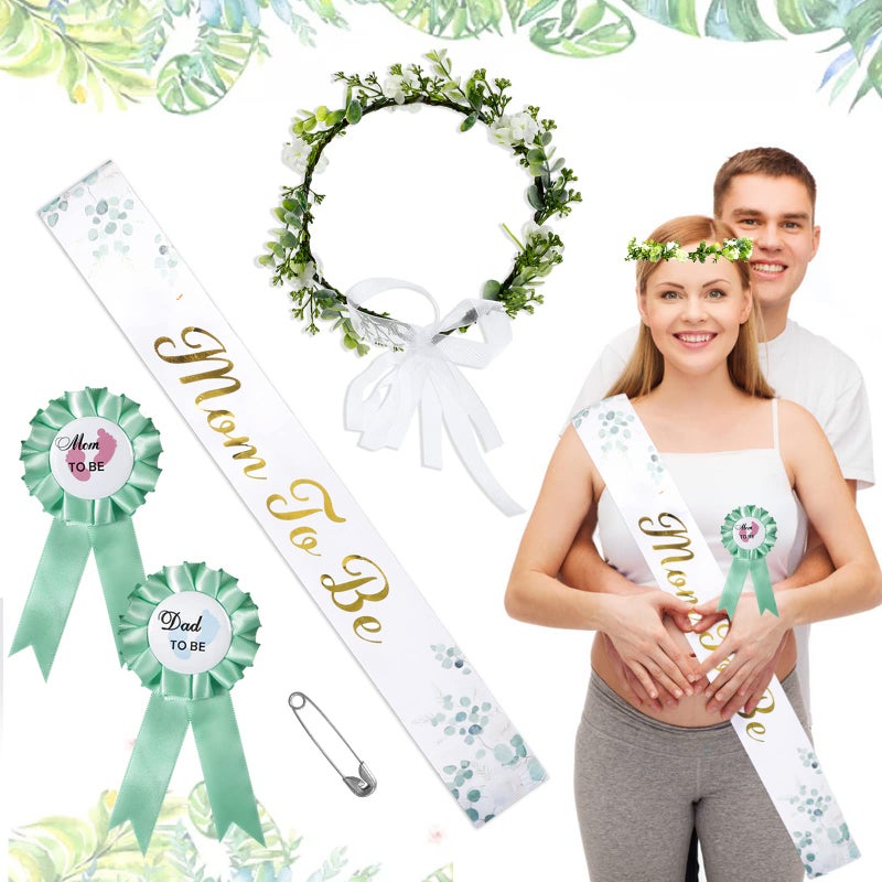 Bnapott 4PCS/Set Mom to Be Sash&Parents to Be Badges, Neutral Sage Green Flowers Crown Headband, Gold Glitter Letters Sash for Baby Shower Maternity Gift(Leaf Style), - Image 1