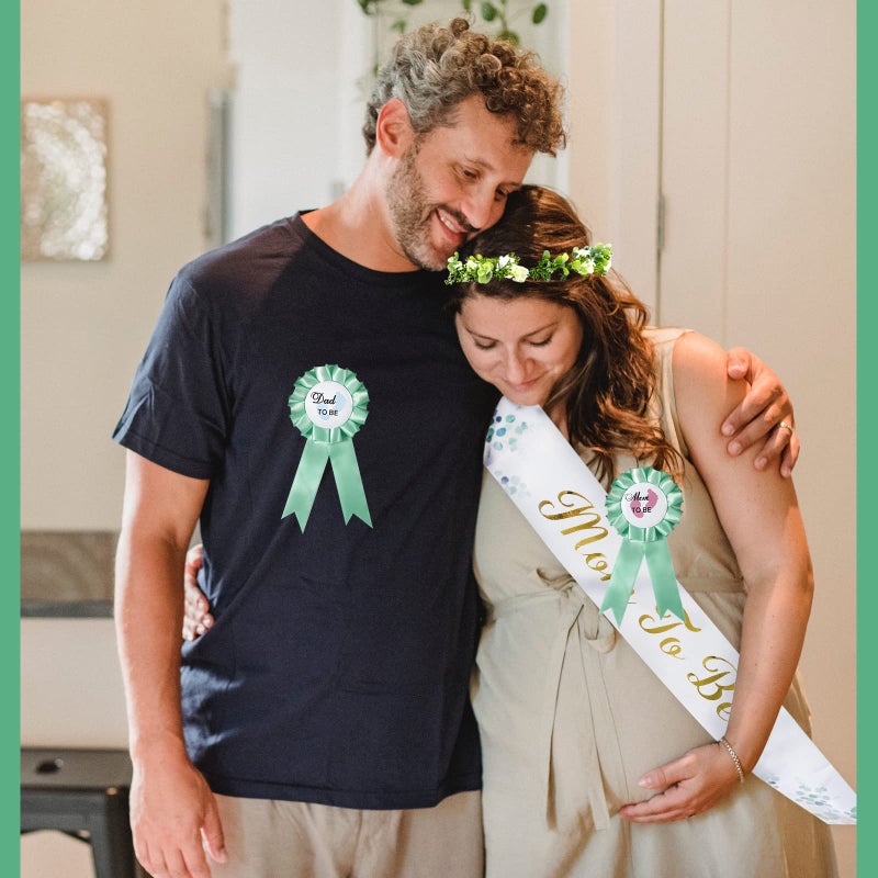 Bnapott 4PCS/Set Mom to Be Sash&Parents to Be Badges, Neutral Sage Green Flowers Crown Headband, Gold Glitter Letters Sash for Baby Shower Maternity Gift(Leaf Style), - Image 4