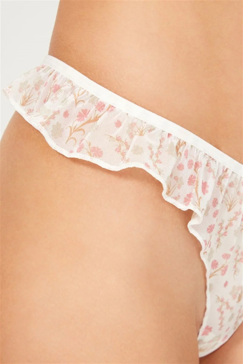 COTTONHILL Floral Patterned Tulle with Frilled Edges Thong 4-Pack Panties