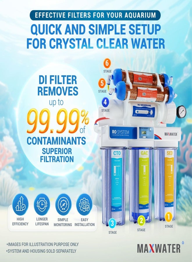 Max Water طقم استبدال فلتر مياه ماكس ووتر ذو الست مراحل بتقنية التناضح العكسي المزدوج RODI لأحواض السمك - فلتر رواسب بولي بروبيلين 1 ميكرون، وفلتر GAC، وفلتر كربون CTO، و2 غشاء DI مختلط، وغشاء RO بسعة 100 جالون في اليوم - Image 5