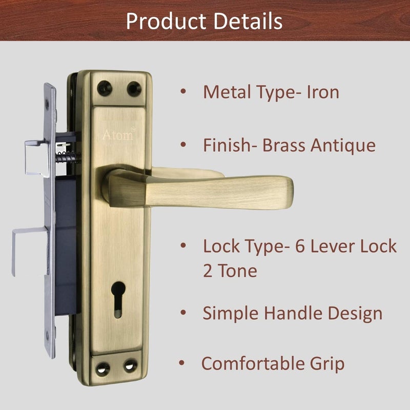 ATOM Door Lock for Home – 6 Lever Double Stage Lockset | Brass Antique Finish | 8inch Handle Perfect for House, Hotel & Office (Model 607KY) - Image 4