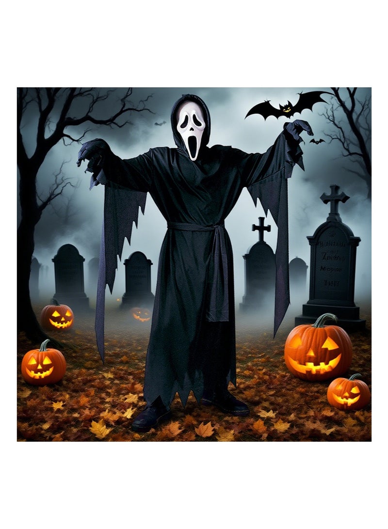 TAPIT Ghost Face Costume with Mask, Ghost Face Fancy Robe Outfit for Kids, Halloween Cosplay Costume, Included Hooded Robe, Ghost Mask, Belt, Gloves (Child - S) - Image 1