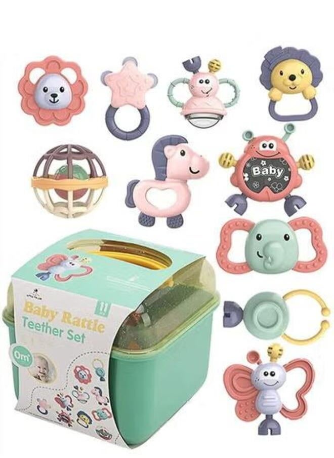 XiuWoo 10pc Set  Infant teething toys baby rattle toy, grab and spin rattles sensory toy set, food grade silicone material, newborn toys gift for babies 0-12-24 months boys girls, early educational toy set  - Image 1