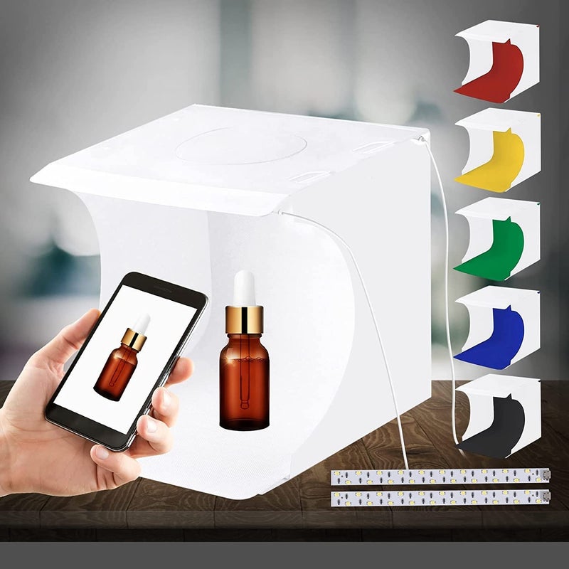 Jubilant Photo Studio Box with LED Light, 20cm Mini Portable Photography Lighting Tent Kit, White Foldable Shooting Softbox with 1100LM Light+ 6 Backdrops for Product Display - Image 1