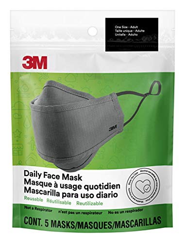 3M Daily Face Mask Reusable Washable Adjustable Ear Loops Lightweight Cotton Fabric 5 Pack Gray