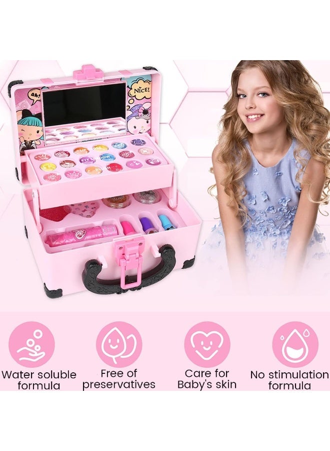 مجموعة مكياج للأطفال للبنات، طقم لعب تمثيلي لمستحضرات التجميل يشمل أحمر شفاه وظلال عيون، مجموعة آمنة وغير سامة، لعبة مكياج للأميرات مع حقيبة، مناسبة كهدية - Image 1