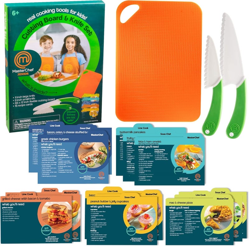 MasterChef Junior Knife & Cutting Board Set- Includes Real Cutting Tools for Kids and 15 Cooking Baking Recipes - Silicone Non Slip Grip & Food Safe for Children- Christmas Cooking Party Activity Gift - Image 1