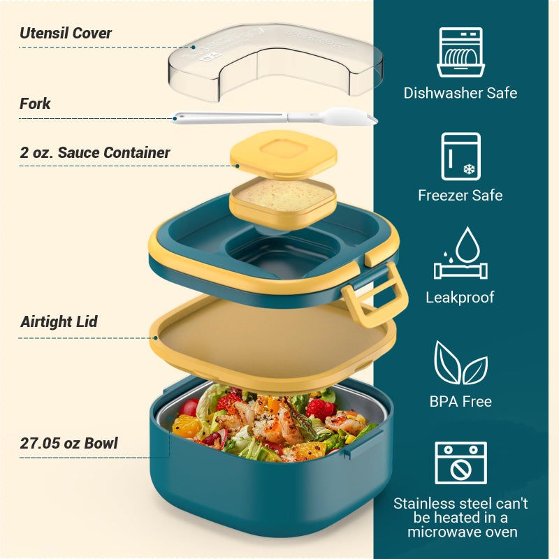 PEDECO Stainless Steel Bento Box for Kids & Adults,Leak-Proof Single Layer Lunch Box with Removable Compartments,BPA-Free,Dishwasher Safe,Includes Cutlery,Blue - Image 2