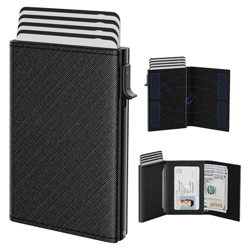 typecase Mens Wallet Card Holder: Pop Up Aluminum Case, Genuine Leather, Smart, RFID Blocking, Slim, Minimalist, Front Pocket - 9-14 Card Capacity | ID Window | Cash Slot (Cross Black) - Image 1