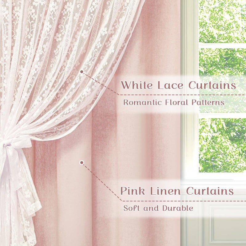 ASPMIZ Linen Pink Curtains for Bedroom, Double Layered Boho Curtain 63 Inch Length, Farmhouse Rod Pocket Curtains & Drapes with Tiebacks, Light Filtering Curtain for Living Room, 52 x 63 Inch, 2PCS - Image 2
