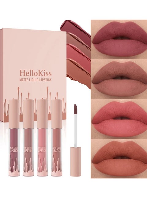 4 Colors Matte Liquid Lipstick Set Non Drying Moisturizing Formula Lip Gloss Ultra Matte Finish Waterproof Sweatproof Long Lasting Soft Smooth Matte Finish Liquid Lipstick